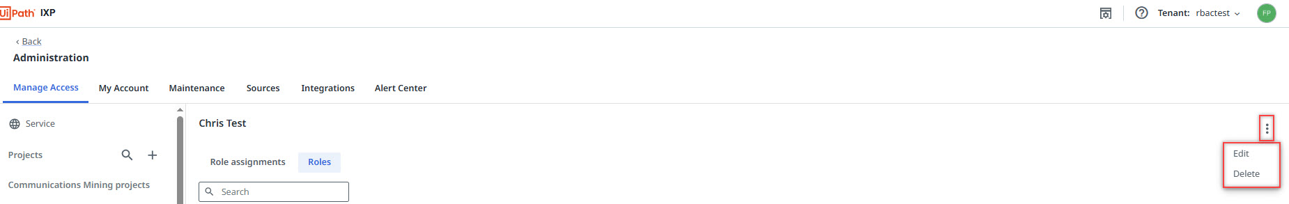 Das Bild zeigt die Tasten „Bearbeiten“ und „Löschen“ für ein Projekt in IXP.