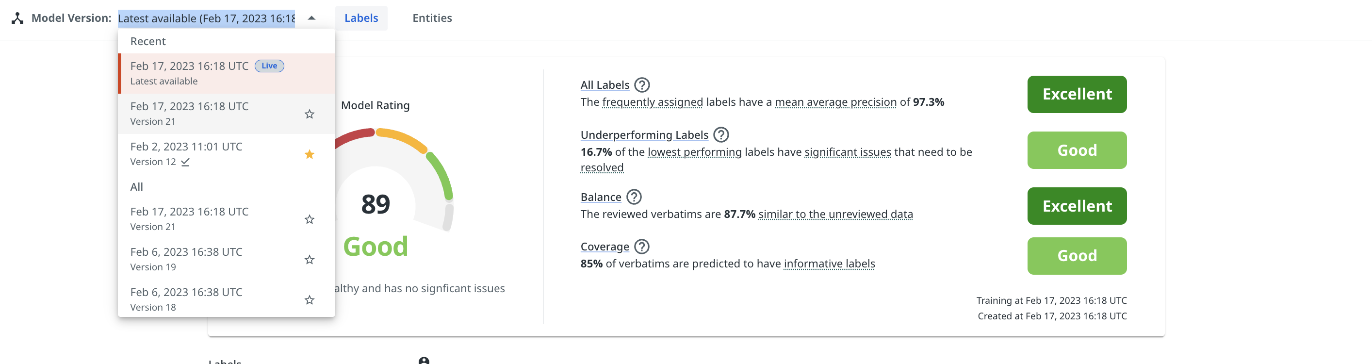 The model version drop-down menu in the Validation tab.