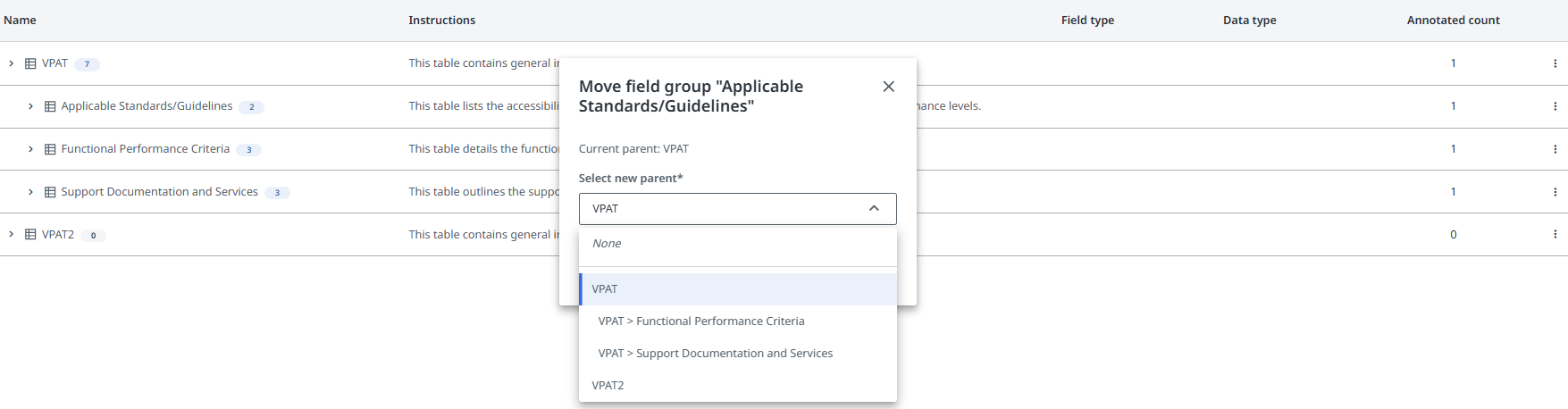 A janela Mover grupo de campos.