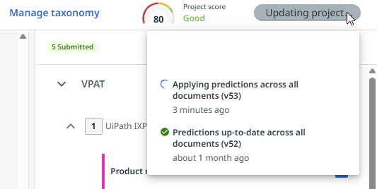 O modal de status do projeto.