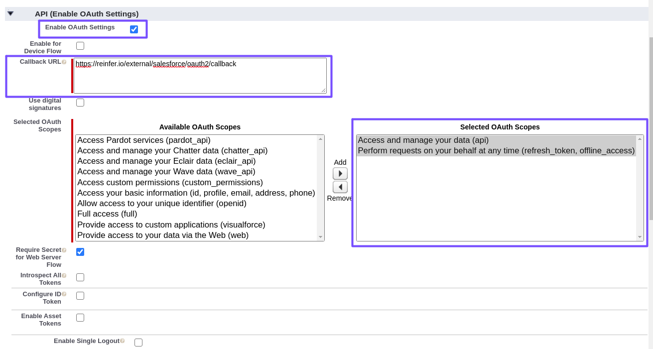 Die erforderlichen OAuth2-Einstellungen für die verbundene App