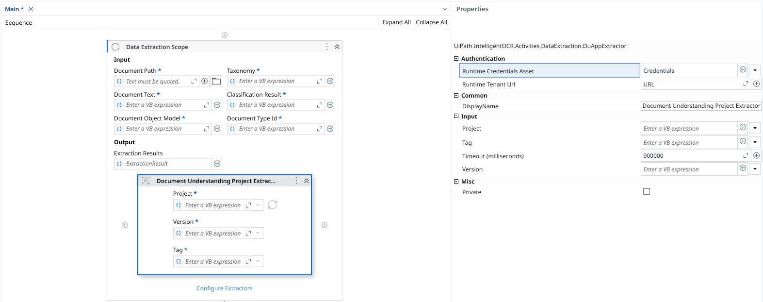 The Runtime Credentials Asset property of the Document Understanding Project Extractor.