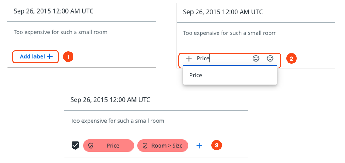 This image depicts an example of annotating a message from a dataset of customer hotel reviews