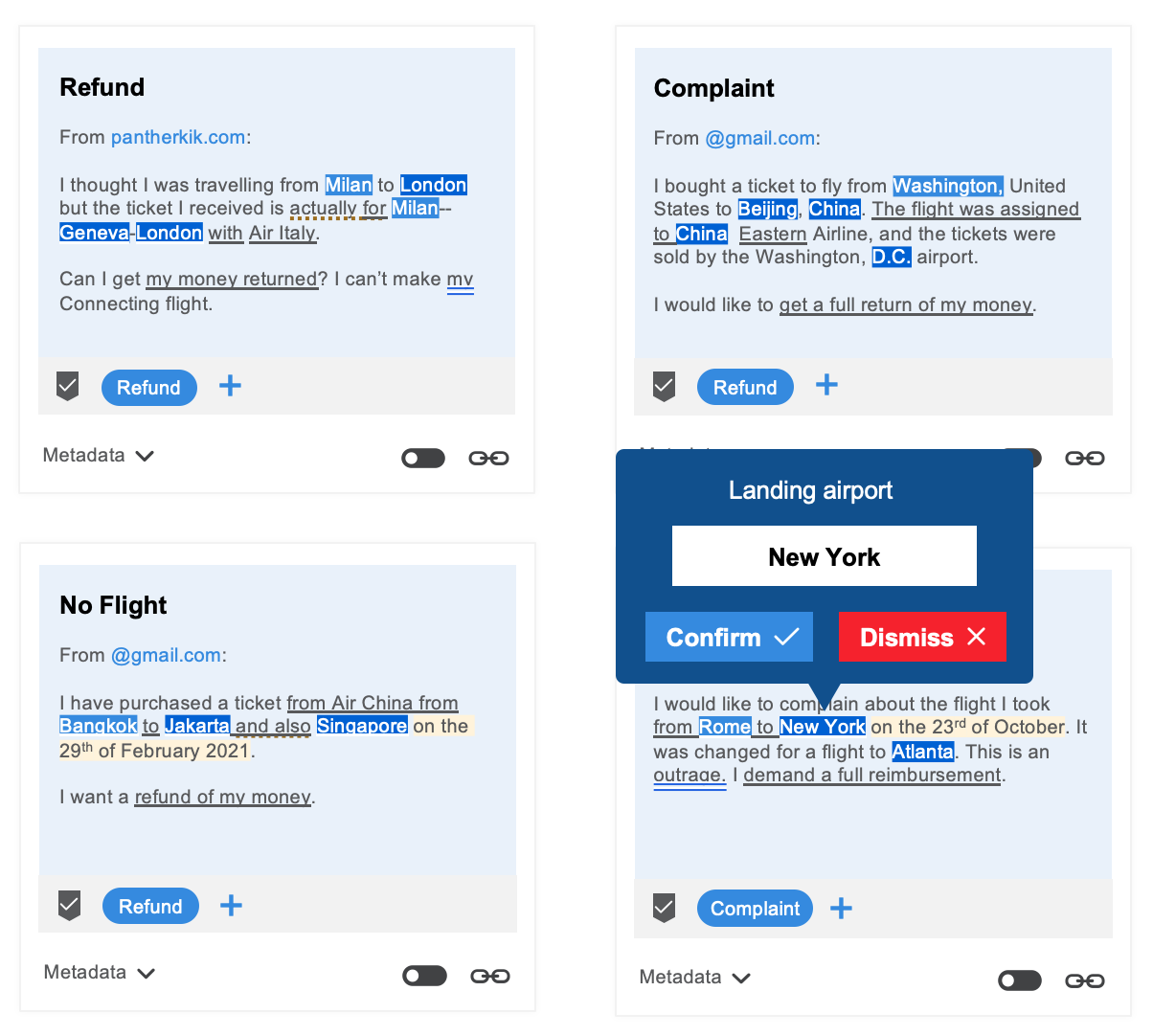 この画像は、[発見] タブに、類似するテーマと概念を持つコミュニケーションのクラスター化されたグループを示しています。