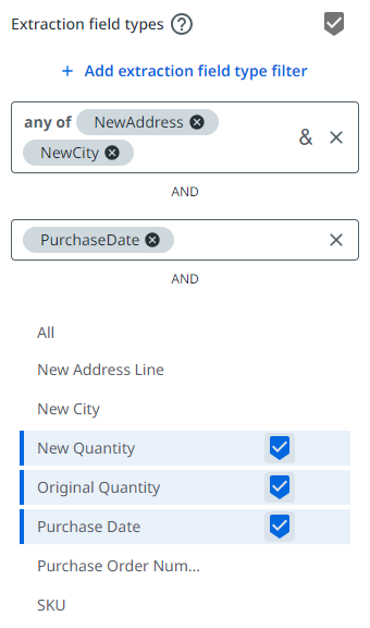 This image depicts multiple selections to filter by specific extraction field types.