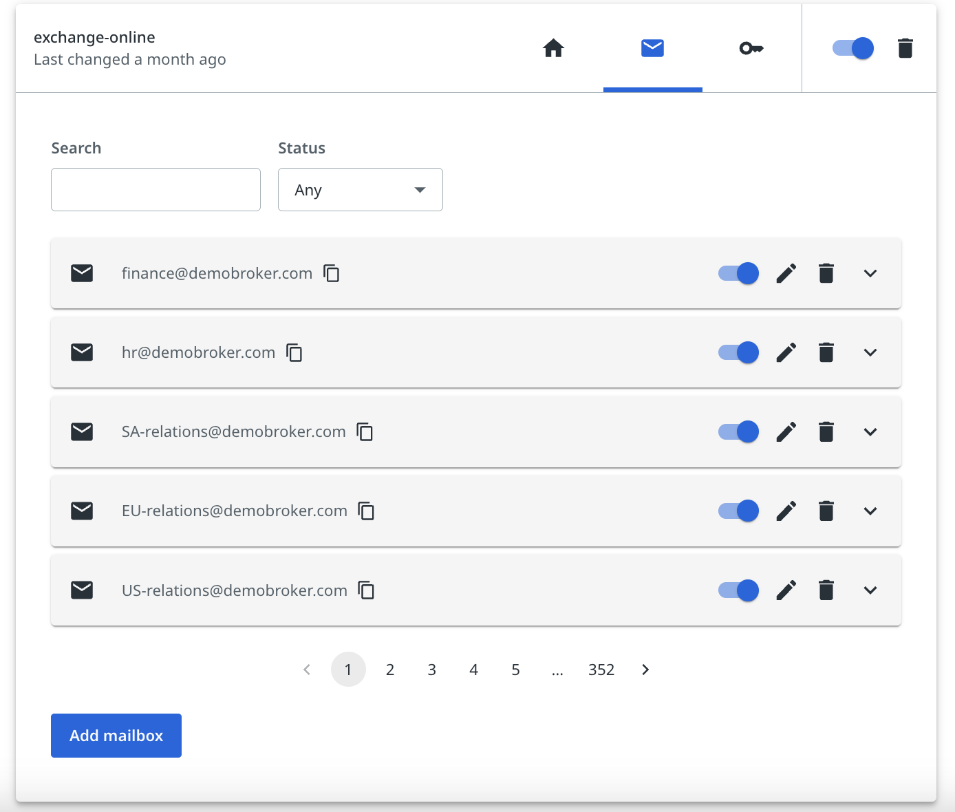 Esta imagen muestra el botón Añadir buzón en la pestaña Integraciones.