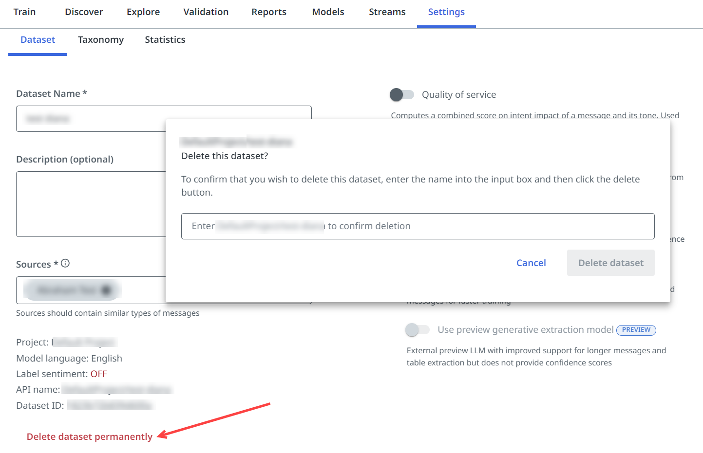 この画像は、[設定] タブからデータセットを削除するときに表示されるポップアップ ウィンドウを示しています。