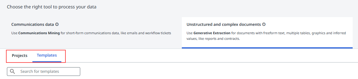 Essa imagem retrata as guias Projetos e Modelos na funcionalidade de Documentos complexos e não estruturados.