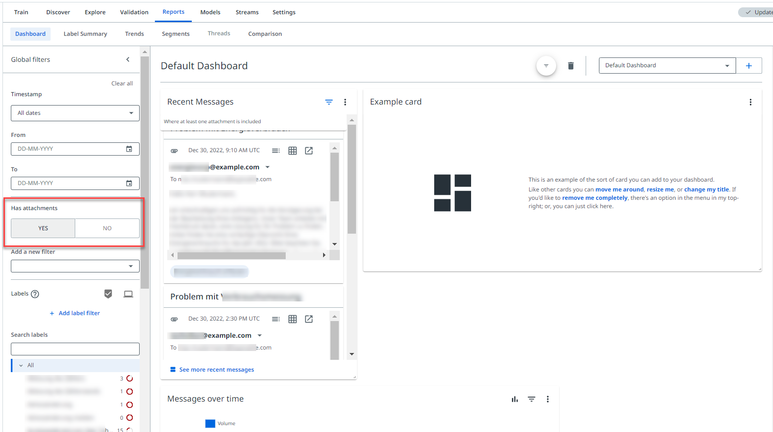 Dieses Bild hebt den Filter Hat Anhänge im Seitenbereich Globale Filter in Dashboards hervor.