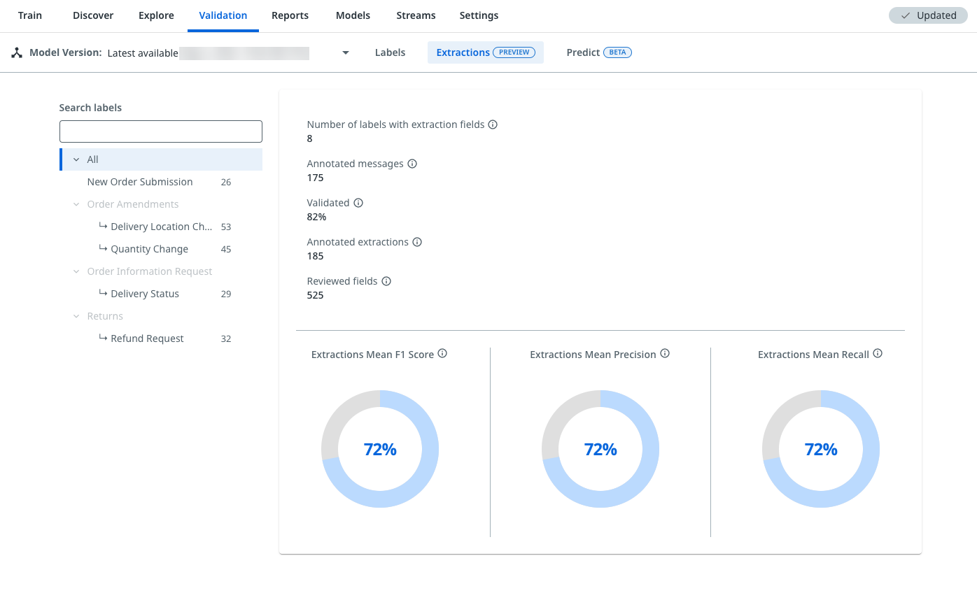 This image shows the default page of the Extractions tab from Validation.