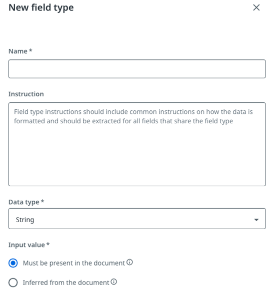 Esta imagem mostra os campos do botão Novo tipo de campo.