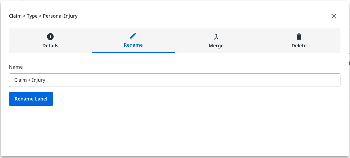 Cette image montre l'onglet Renommer lors de la modification d'un libellé.