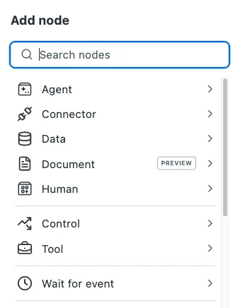 The Add node panel opened from a Manual trigger, listing the categories Agent, Connector, Data, Document (Preview), Human, Control, Tool, and Wait for event.