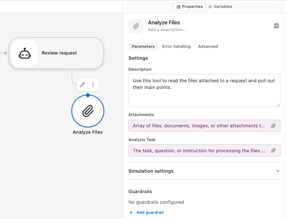 The Analyze Files tool connected to the Review request agent's Tools handle. Its properties panel shows the Description, and the Attachments and Analysis Task fields that the agent fills in when it calls the tool.