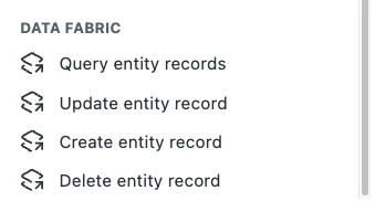 The Data Fabric group of the Data category: Query entity records, Update entity record, Create entity record, and Delete entity record.