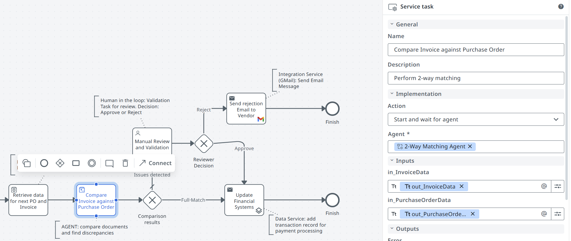 Screenshot of the Action section in the Properties panel showing Start and wait for agent selected with an agent configured.