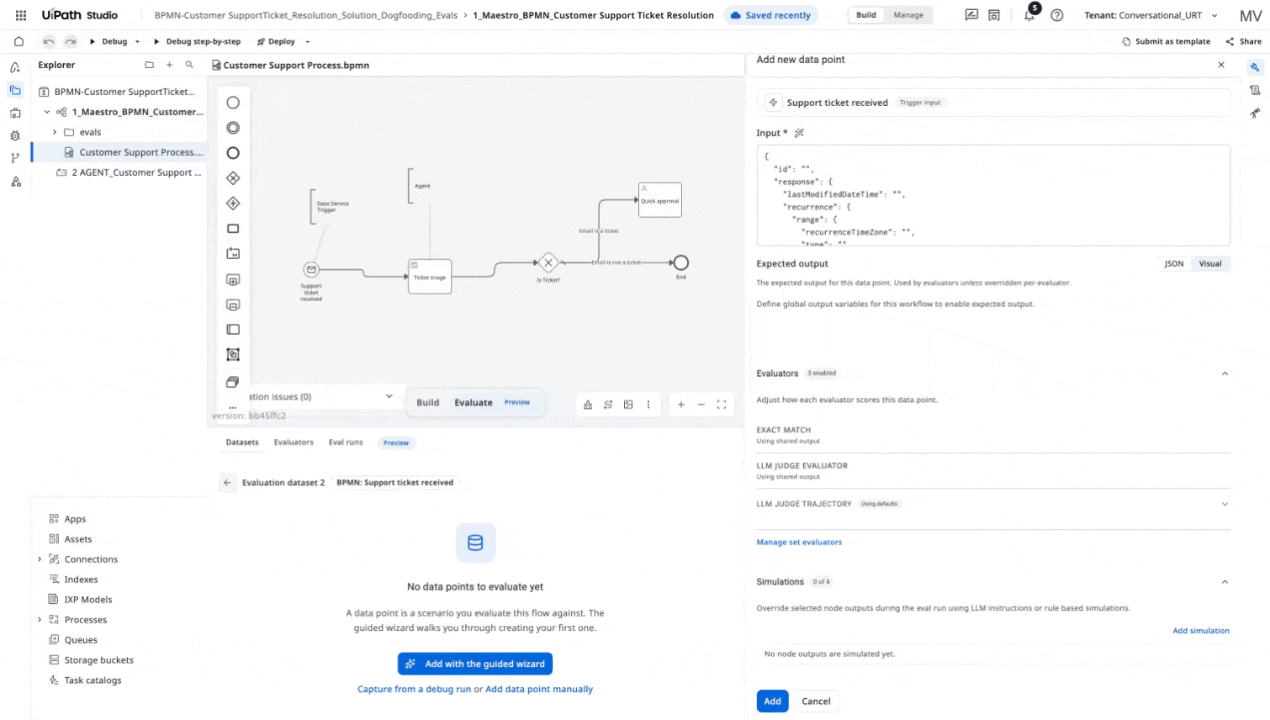 Configuring a node simulation in Studio Web, from selecting the node on the canvas through choosing a strategy and entering the simulated output