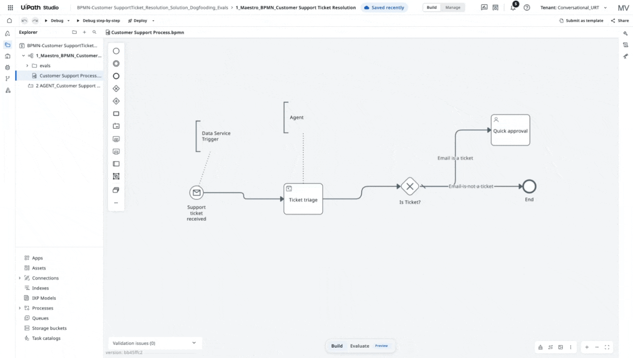 Add new data point panel in Studio Web, showing the trigger input, expected output, attached evaluators, and node simulations for a Maestro BPMN evaluation set