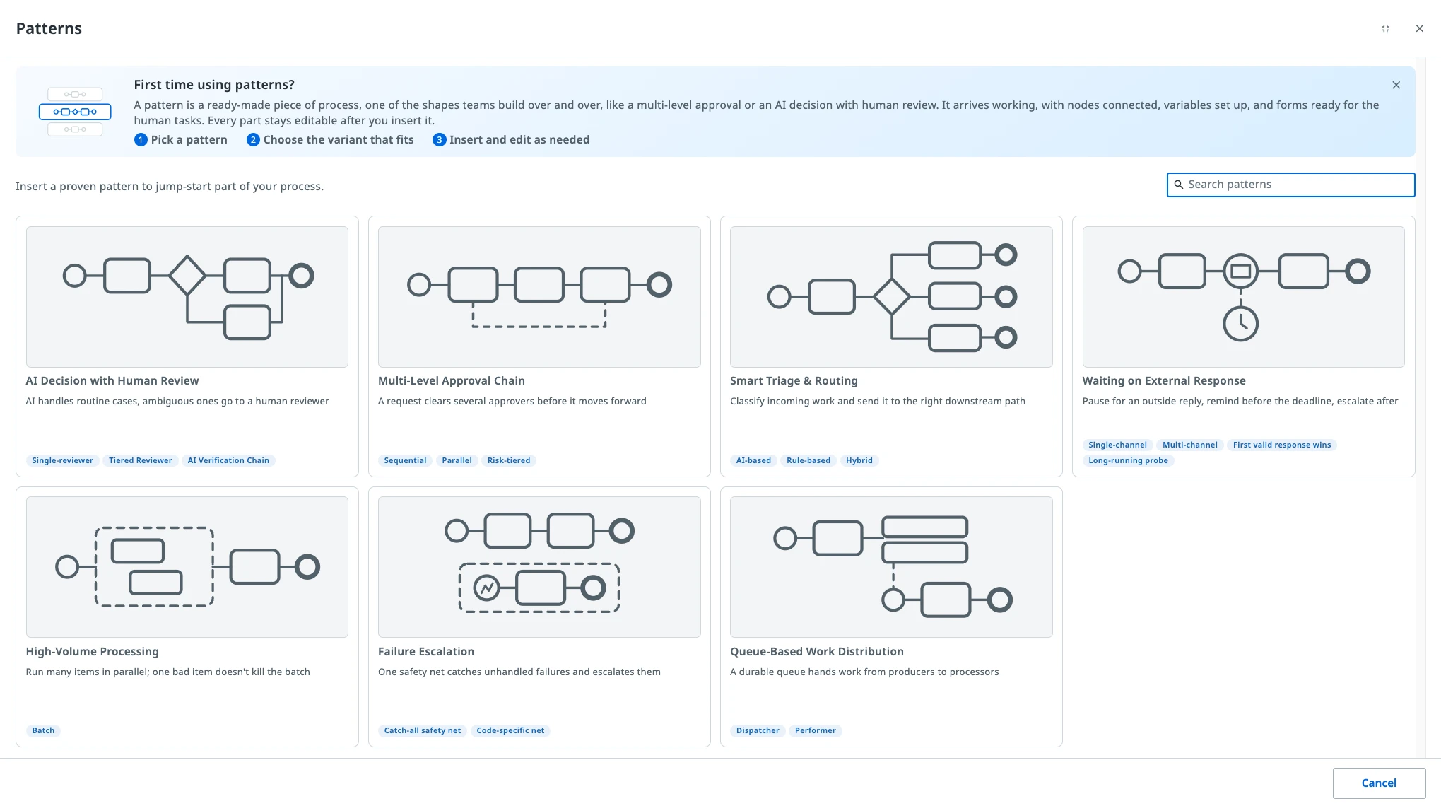 Patterns library showing the available pattern cards, variants, search field, and first-use guidance