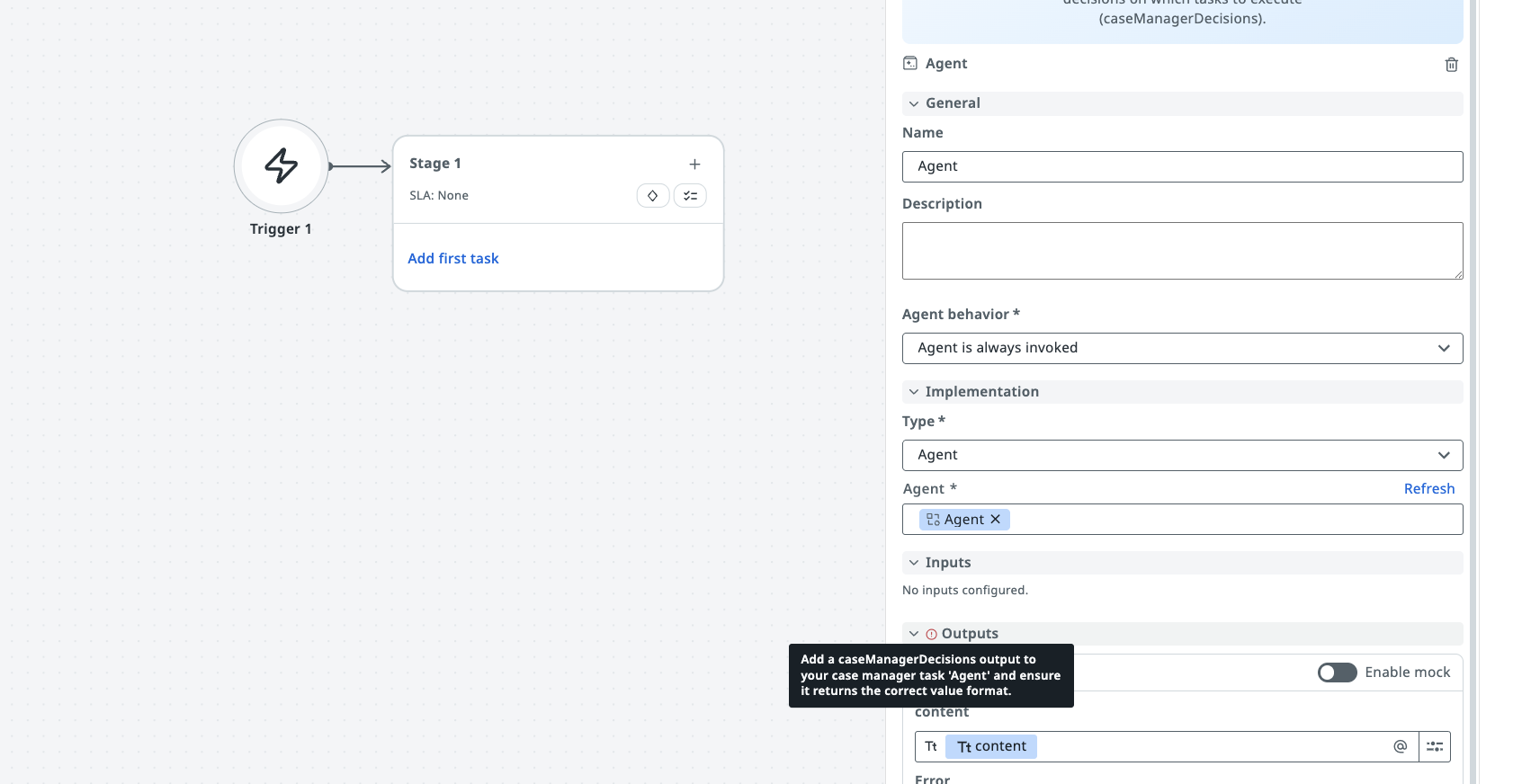 Warning shown on the Case Manager Agent task's Outputs section when caseManagerDecisions is missing or malformed