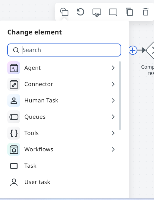 Change element panel showing task types with search field and More elements option