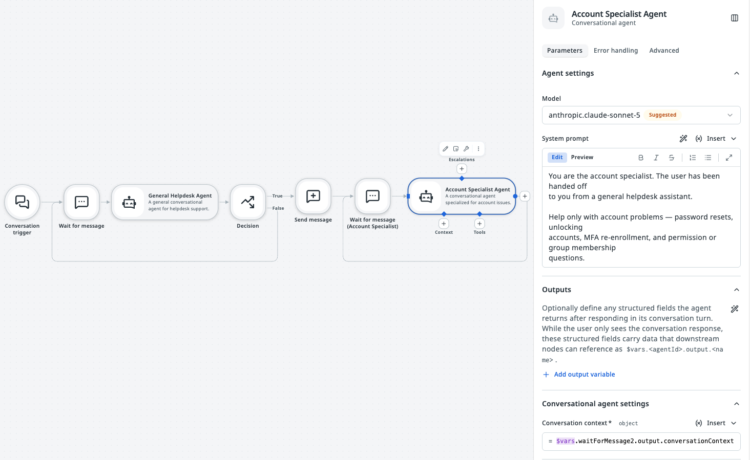 The complete Flow with the Account Specialist Agent selected. The canvas shows the Decision's False branch looping back to the first Wait for Message, and the True branch running Send Message, a second Wait for Message, and the specialist. The properties panel shows the specialist system prompt and Conversation context bound to $vars.waitForMessage2.output.conversationContext.