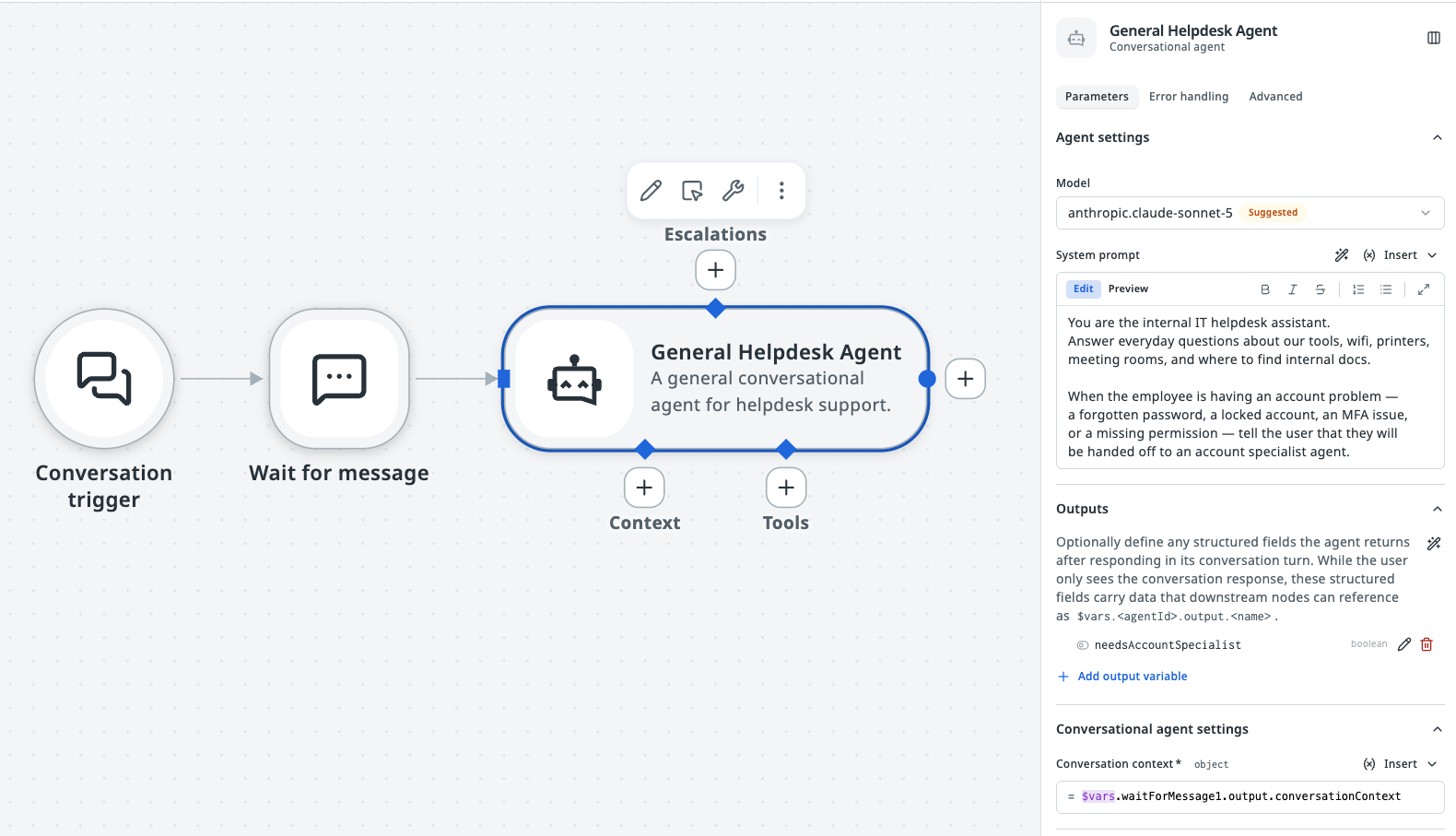 General Helpdesk Agent node selected on the canvas after the Conversation Trigger and Wait for Message nodes. Its properties panel shows the system prompt, a needsAccountSpecialist boolean output, and Conversation context bound to $vars.waitForMessage1.output.conversationContext.