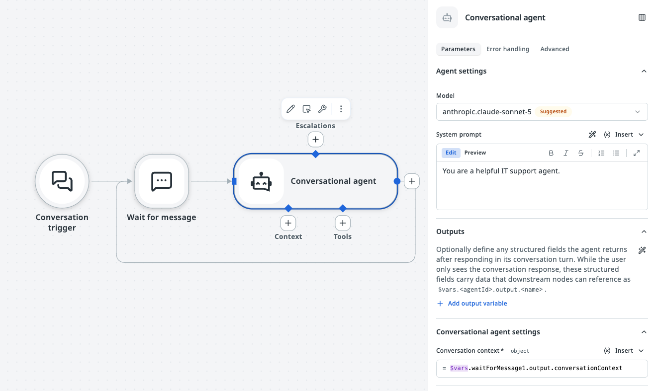 Conversational Agent node with the agent's properties panel open, with Model set to anthropic.claude-sonnet-5, a basic system prompt, and the conversation context set to $vars.waitForMessage1.output.conversationContext. The node follows a Wait for Message node, which it loops back to.