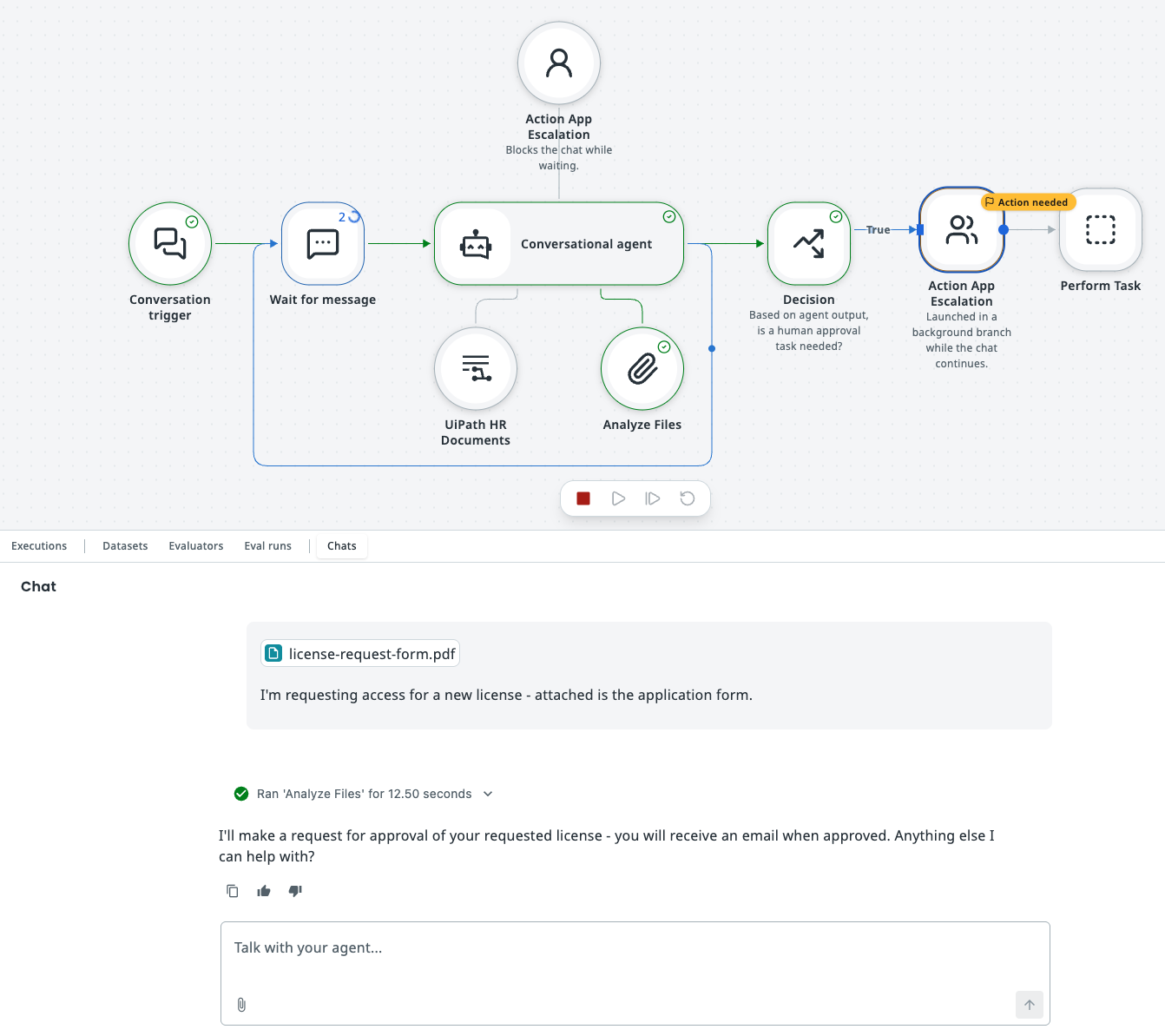 Conversational Agent flow with both an action app escalation tool which is labeled to block the chat while waiting, and a parallel branch after the agent node that decides whether to launch a background action app escalation node.