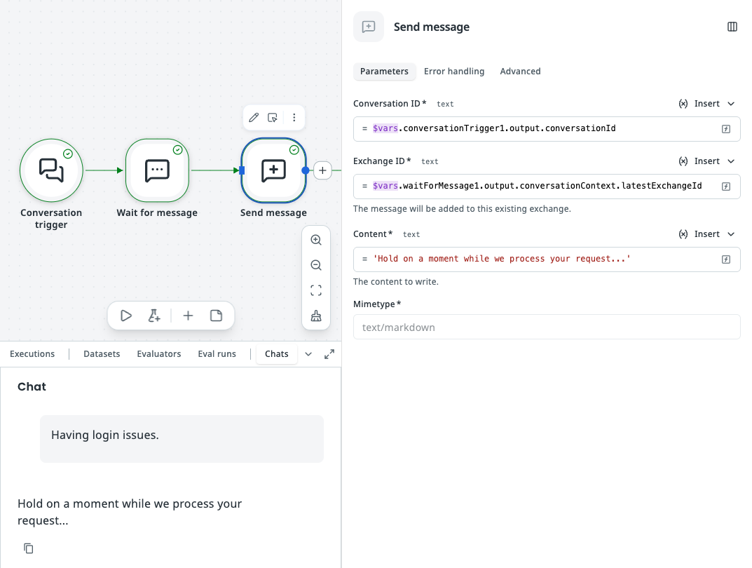 Send Message node with the properties panel open, showing how the conversation ID, exchange ID, and Content can be configured so that the node sends a deterministic reply message to the chat.