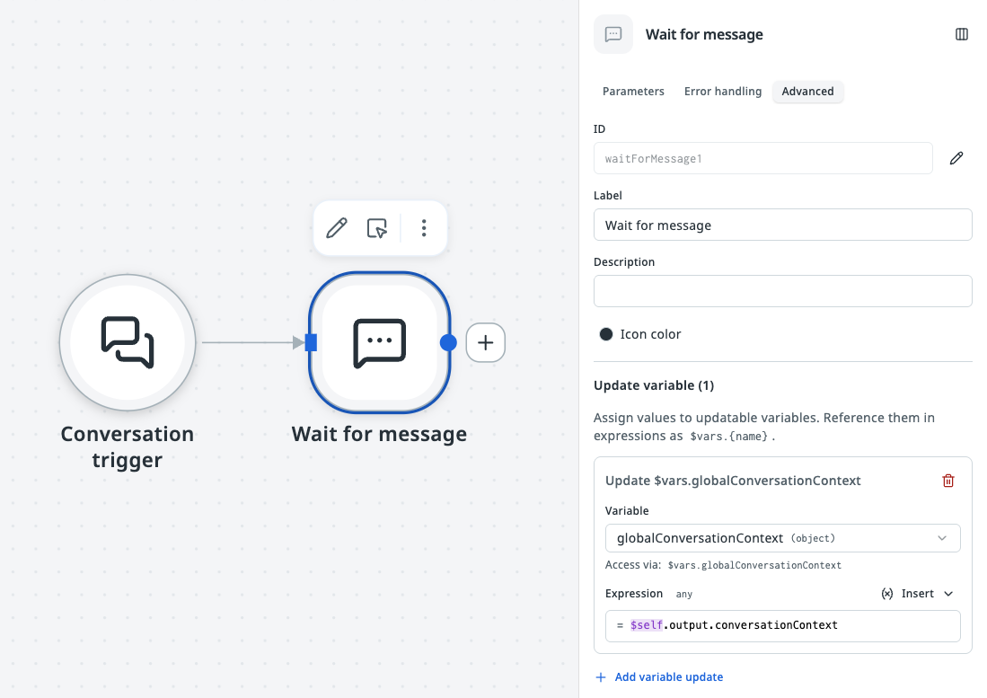 Wait for Message node with the Update variable section open, showing how a Flow-level variable $vars.globalConversationContext can be set to the node's $self.output.conversationContext.