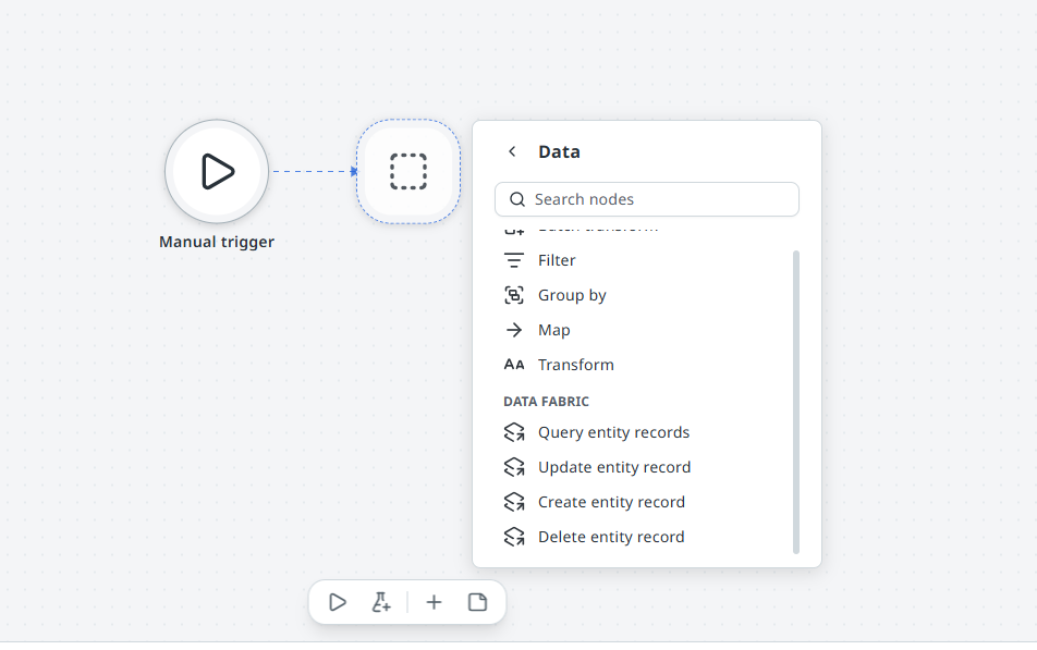 Add-node panel showing the Data Fabric category with Query entity records, Update entity record, Create entity record, and Delete entity record.