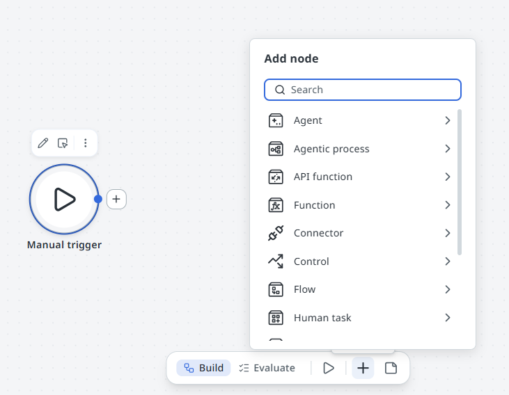 Flow canvas with the node palette open, showing the search bar and node categories. The + button in the bottom toolbar is highlighted.