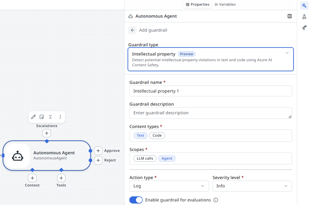 Autonomous Agent properties panel showing the Add guardrail section with Guardrail type set to Intellectual property, Content types, Scopes, Action type, and Severity level fields.