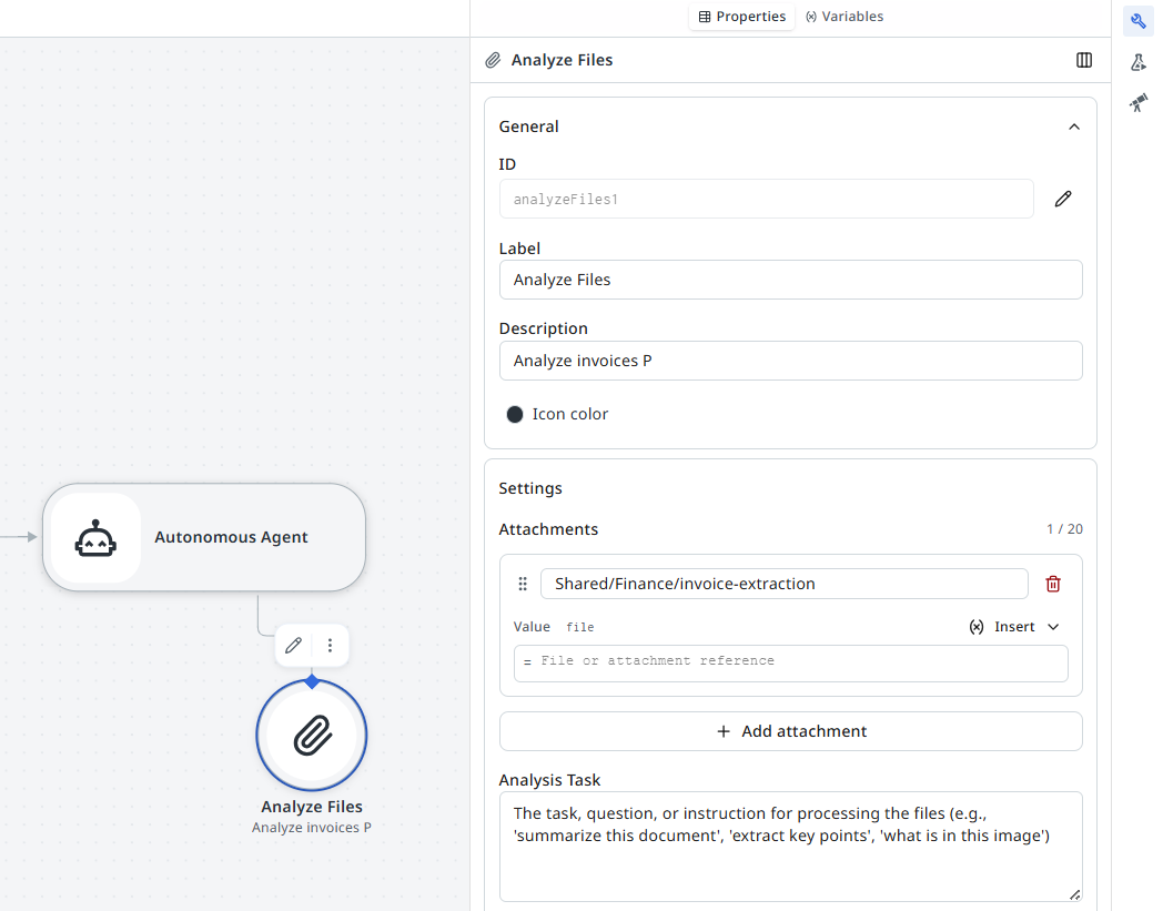 Autonomous Agent on the canvas with an Analyze Files tool node connected to its tool handle, and the properties panel open showing the Attachments and Analysis Task fields.
