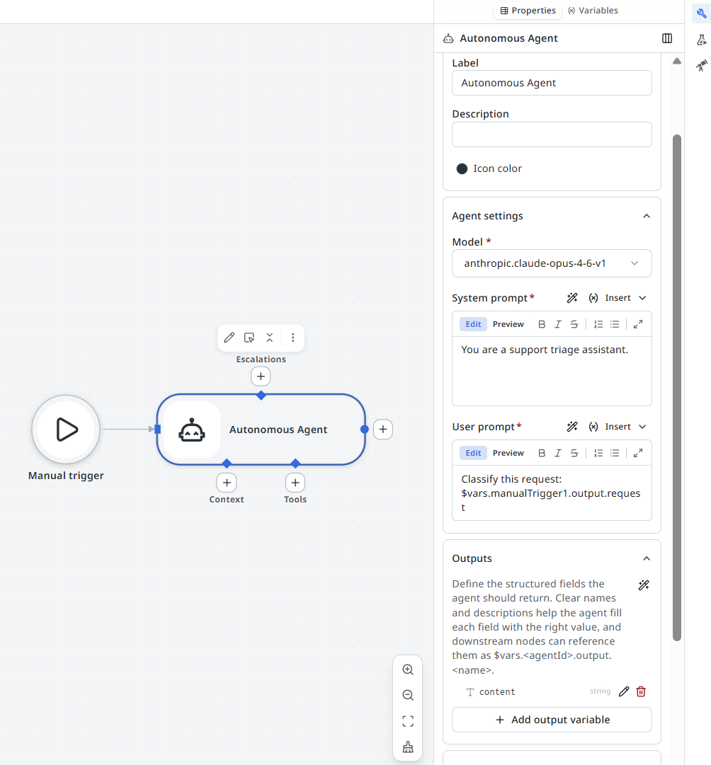 Canvas with a Manual Trigger connected to an Autonomous Agent node, and the agent's properties panel open showing the Model, System prompt, and User prompt fields.