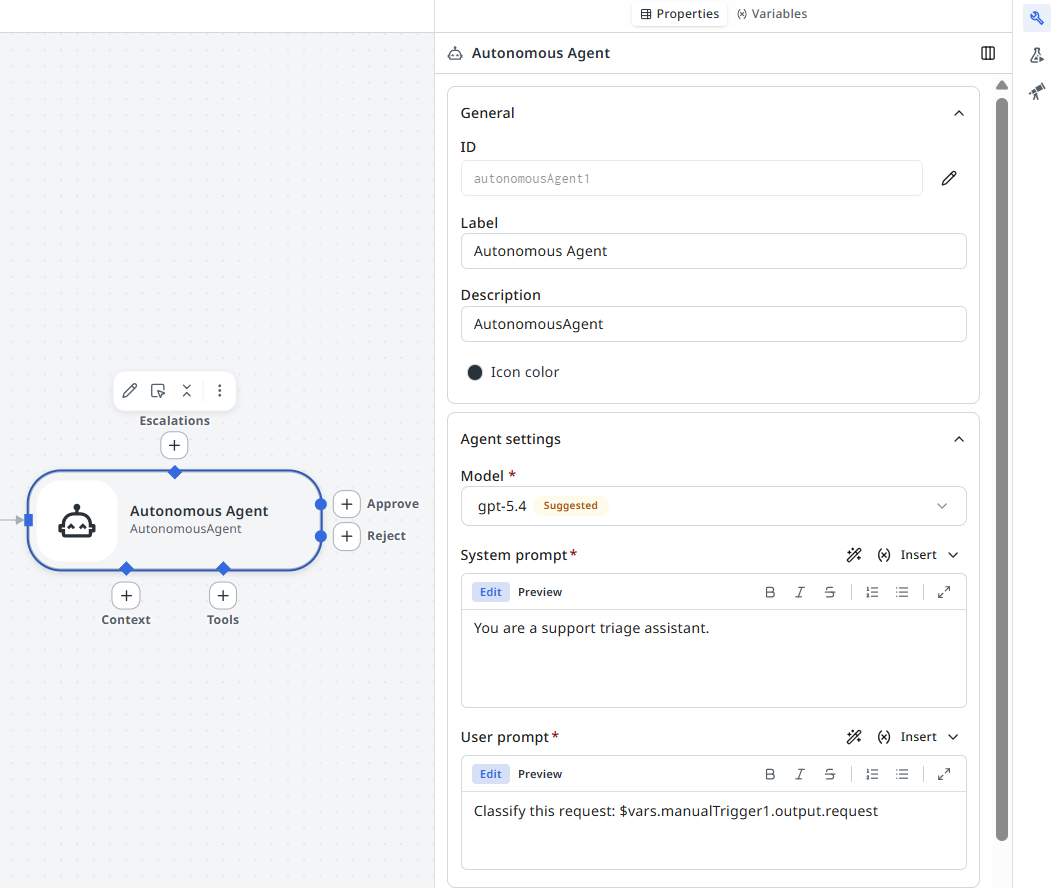 Autonomous Agent node selected with the properties panel open, showing Model set to gpt-5.4, System prompt, and User prompt fields.
