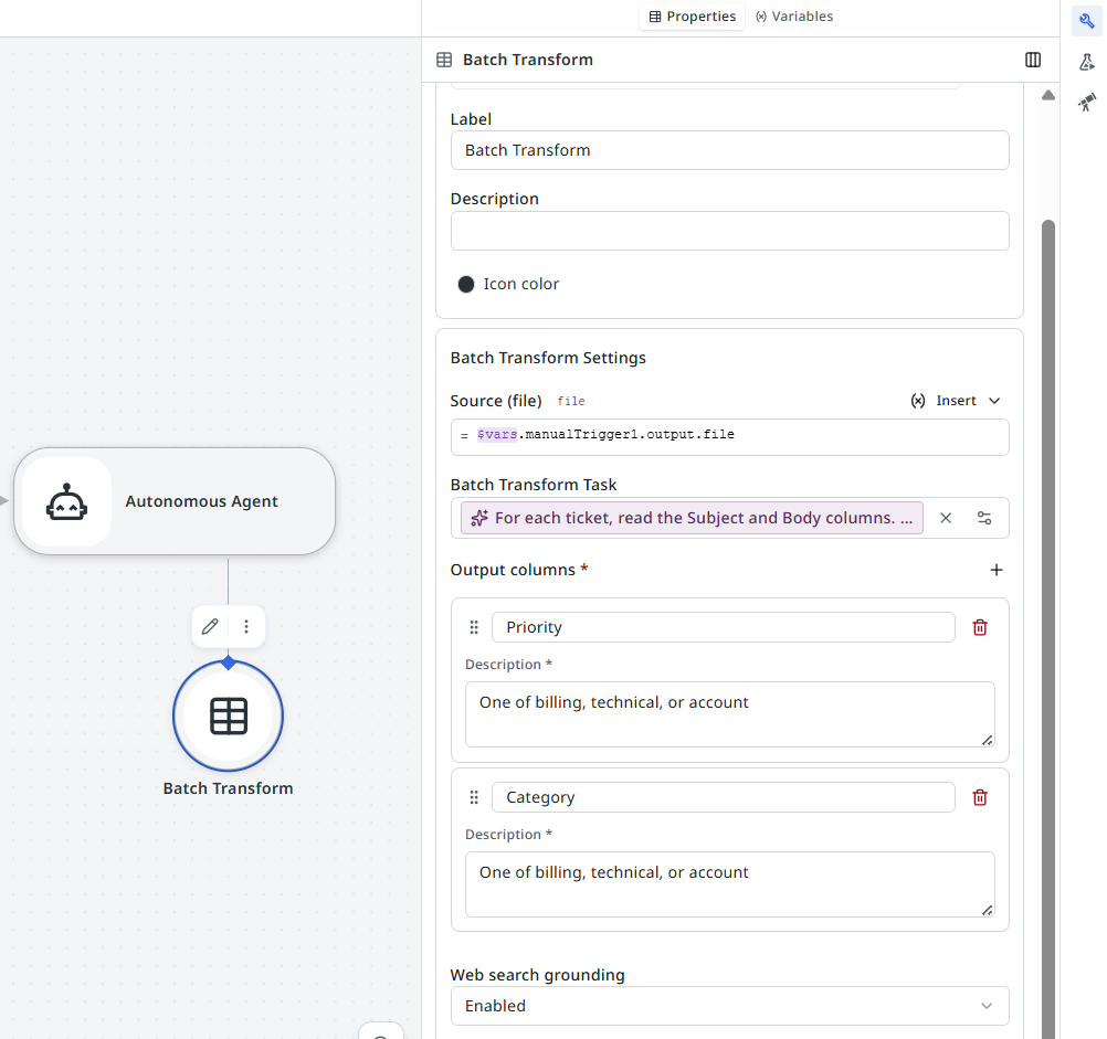 Batch Transform node connected to an Autonomous Agent's tool handle, with the properties panel open showing the Source, Batch Transform Task, Output columns, and Web search grounding fields.