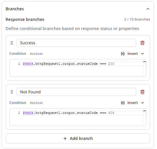 HTTP Request Branches section showing two configured branches: Success with a 200 status code condition, and Not Found with a 404 status code condition.