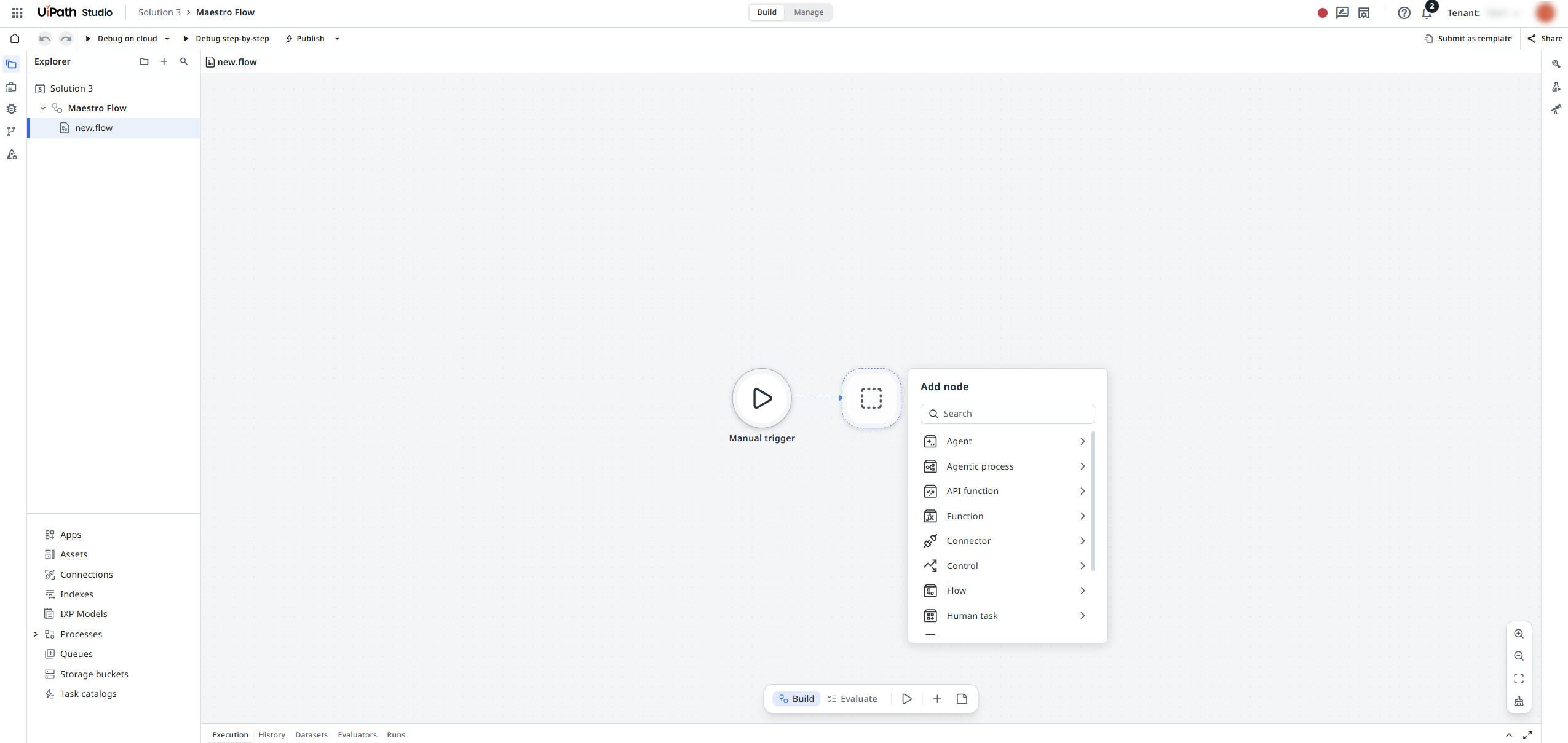 Flow canvas in Studio Web showing the default Manual Trigger node and the bottom toolbar with the + button.