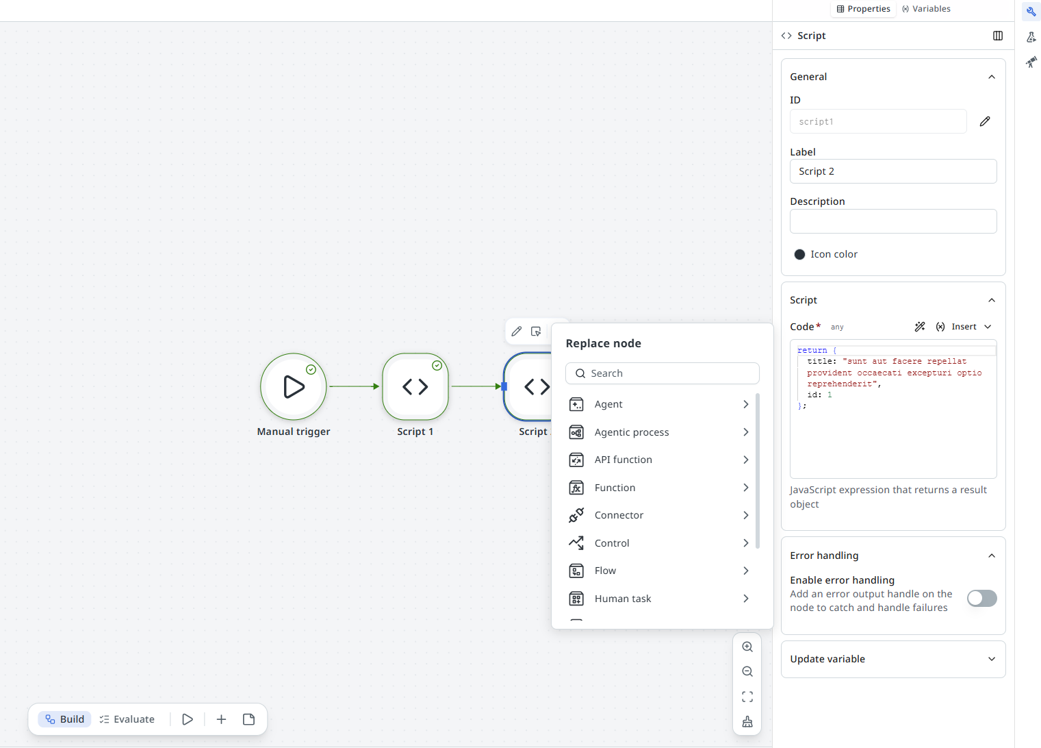 Flow canvas overview with four labeled areas: the canvas in the center, the bottom toolbar, the properties panel on the right, and the node palette.