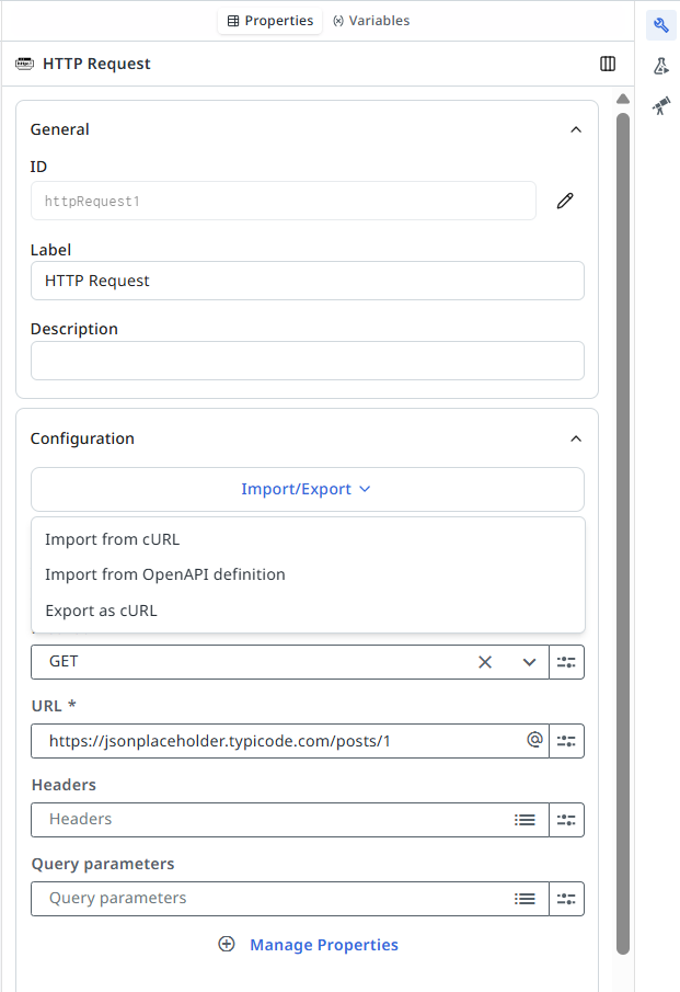 HTTP Request properties panel showing the Import/Export dropdown open with the Import from cURL option visible.