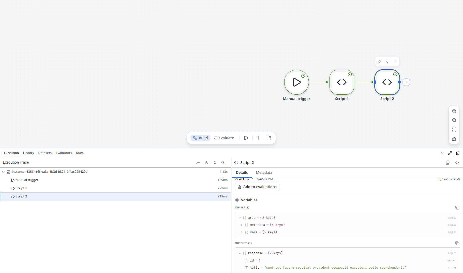 Canvas in debug mode with all three nodes showing green success indicators. The Script node is selected and the output panel shows the JSON result with title and id fields.