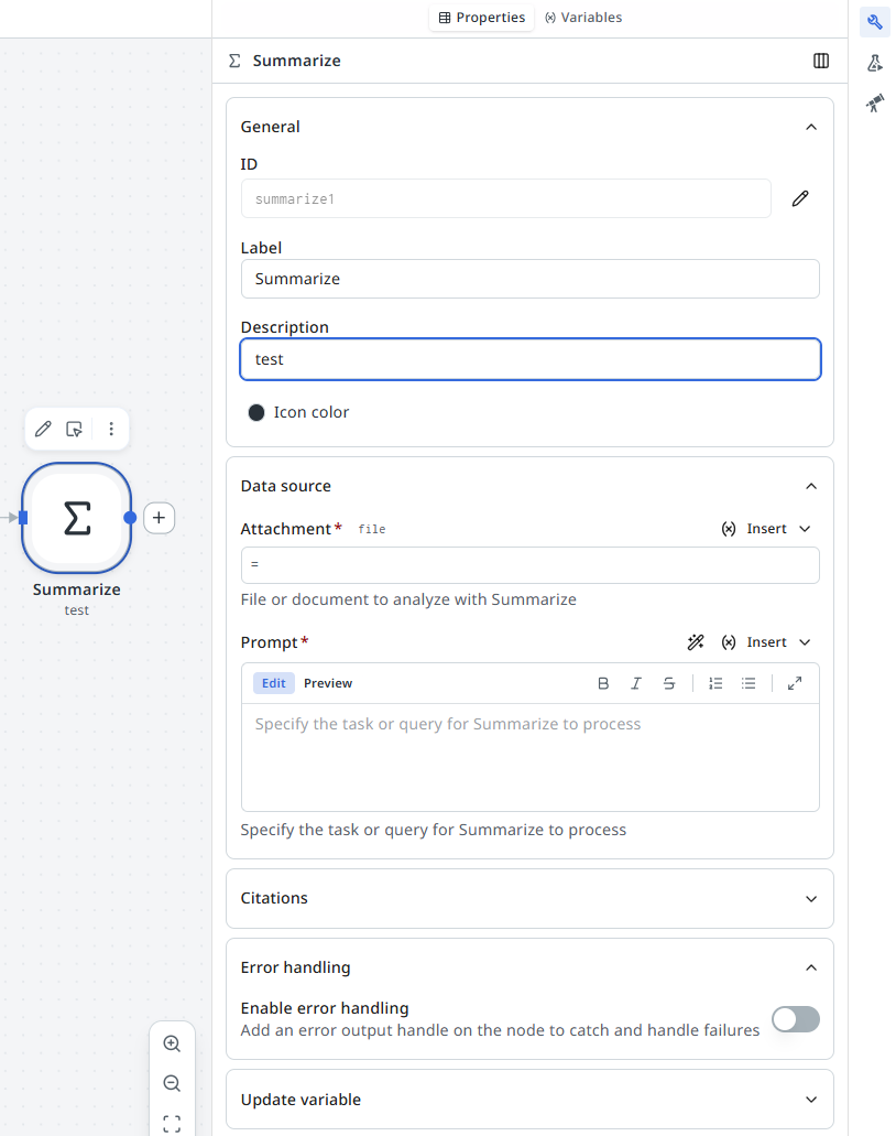 Summarize node on the canvas with its properties panel open, showing the Attachment, Prompt, Citations, and Error handling sections.