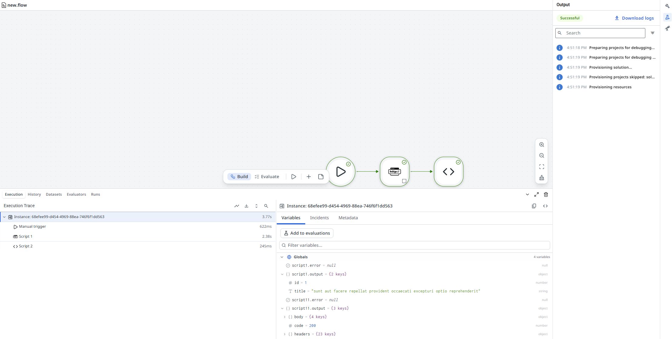 Canvas during a debug session showing nodes with green success indicators and the execution panel open at the bottom.