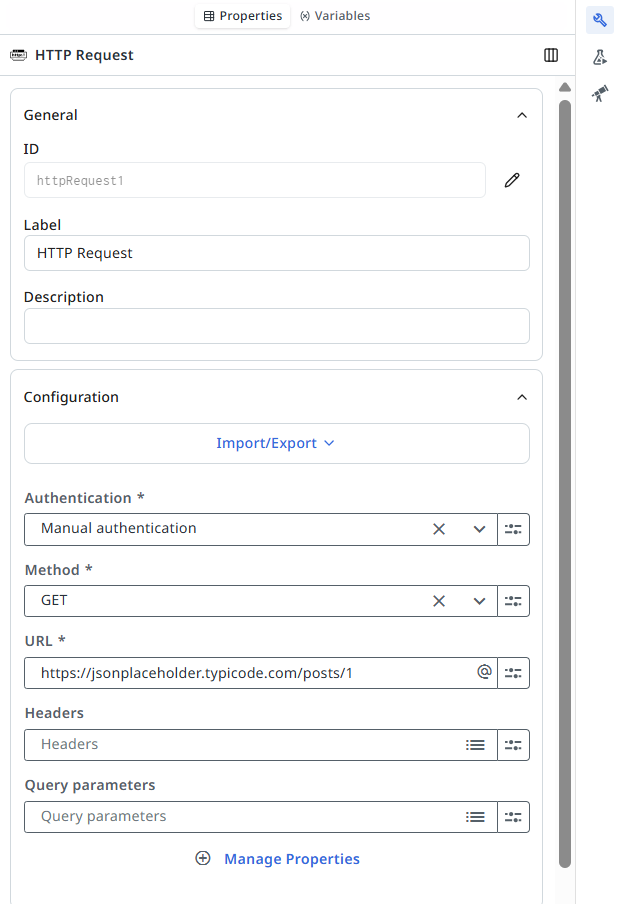 HTTP Request properties panel configured with Method set to GET and the URL field showing https://jsonplaceholder.typicode.com/posts/1.