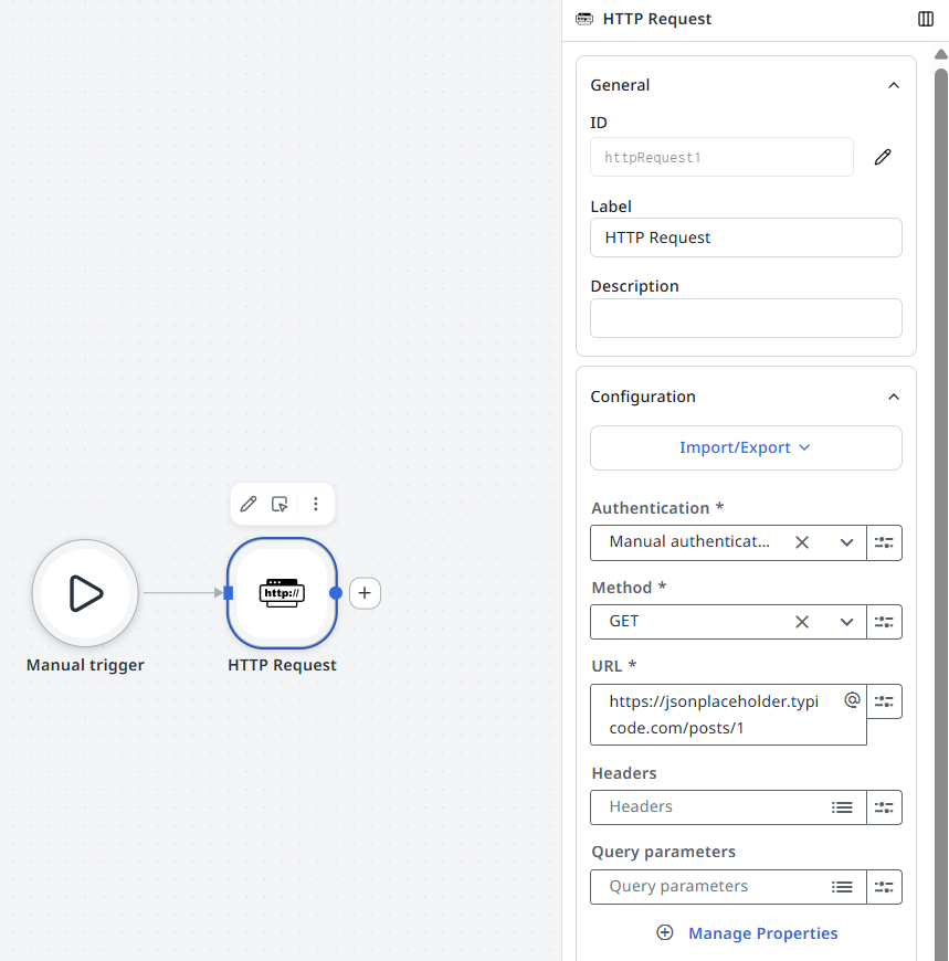 Canvas showing a Manual Trigger connected to an HTTP Request node, with the HTTP Request properties panel open showing Method set to GET and the URL field.