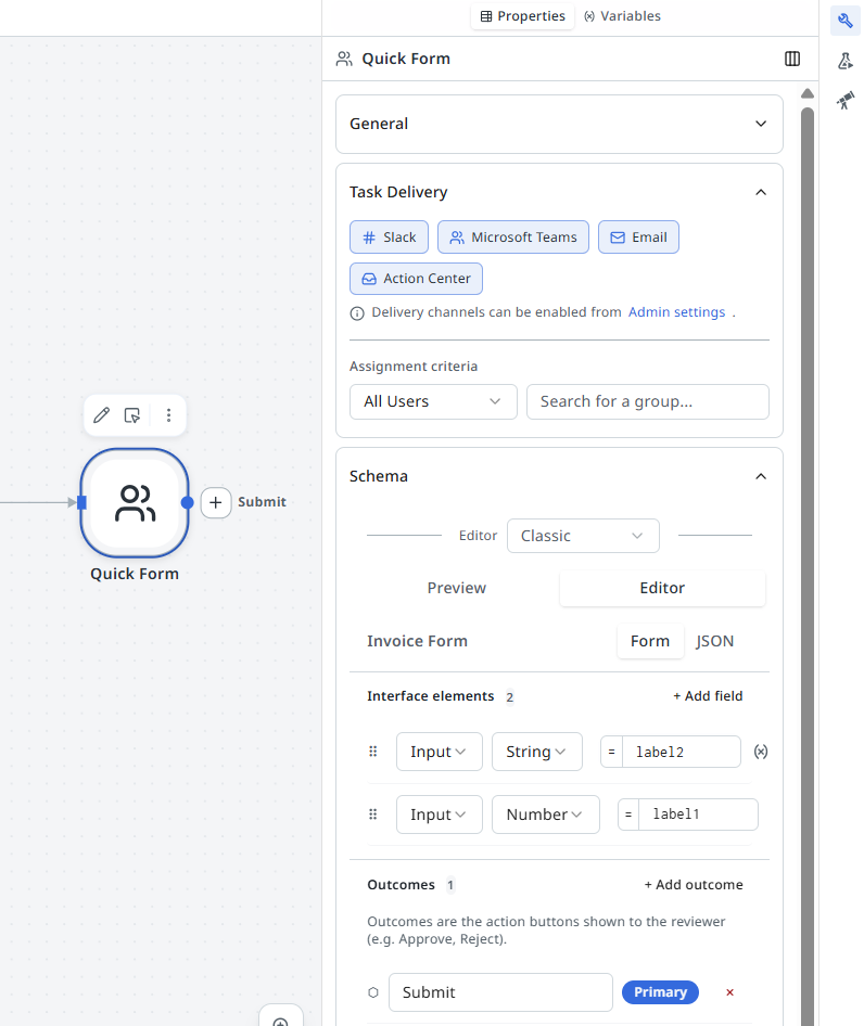 Human Task properties panel with Type set to Quick Form, showing Task Delivery channels, and a Schema with two input fields and a Submit outcome.