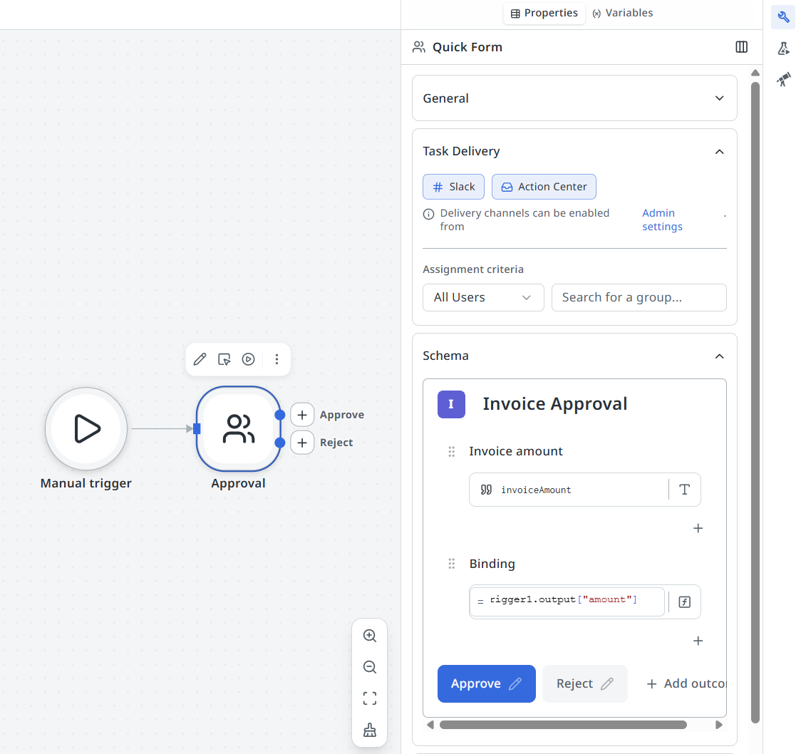 Quick Form properties panel showing Task Delivery channels set to Slack and Action Center, and a Schema with an Invoice Approval form containing an invoiceAmount field and Approve and Reject outcomes.