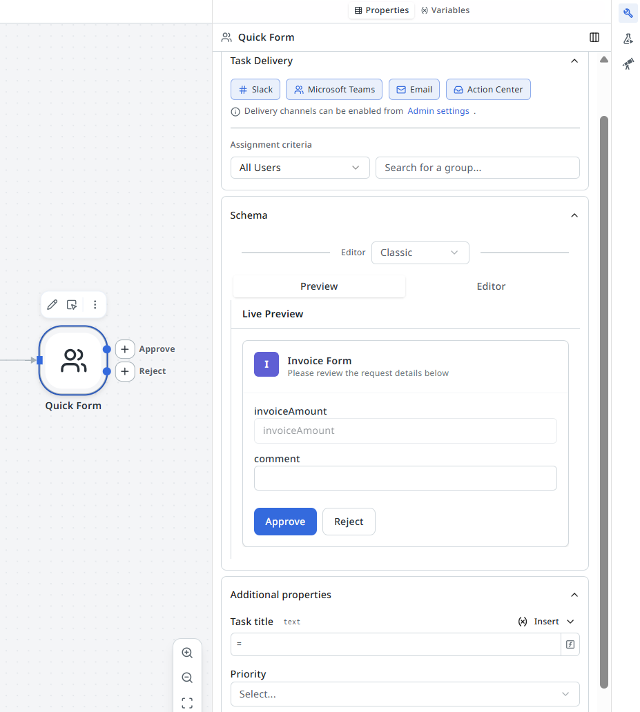 Task Schema editor showing input fields for invoiceAmount and comment, with Approve and Reject outcomes in the live preview.